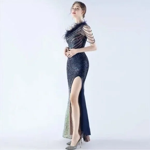 navy blue long evening dress Navy Blue Long Velvet Evening Dresses Open Back Prom Gowns main image 1